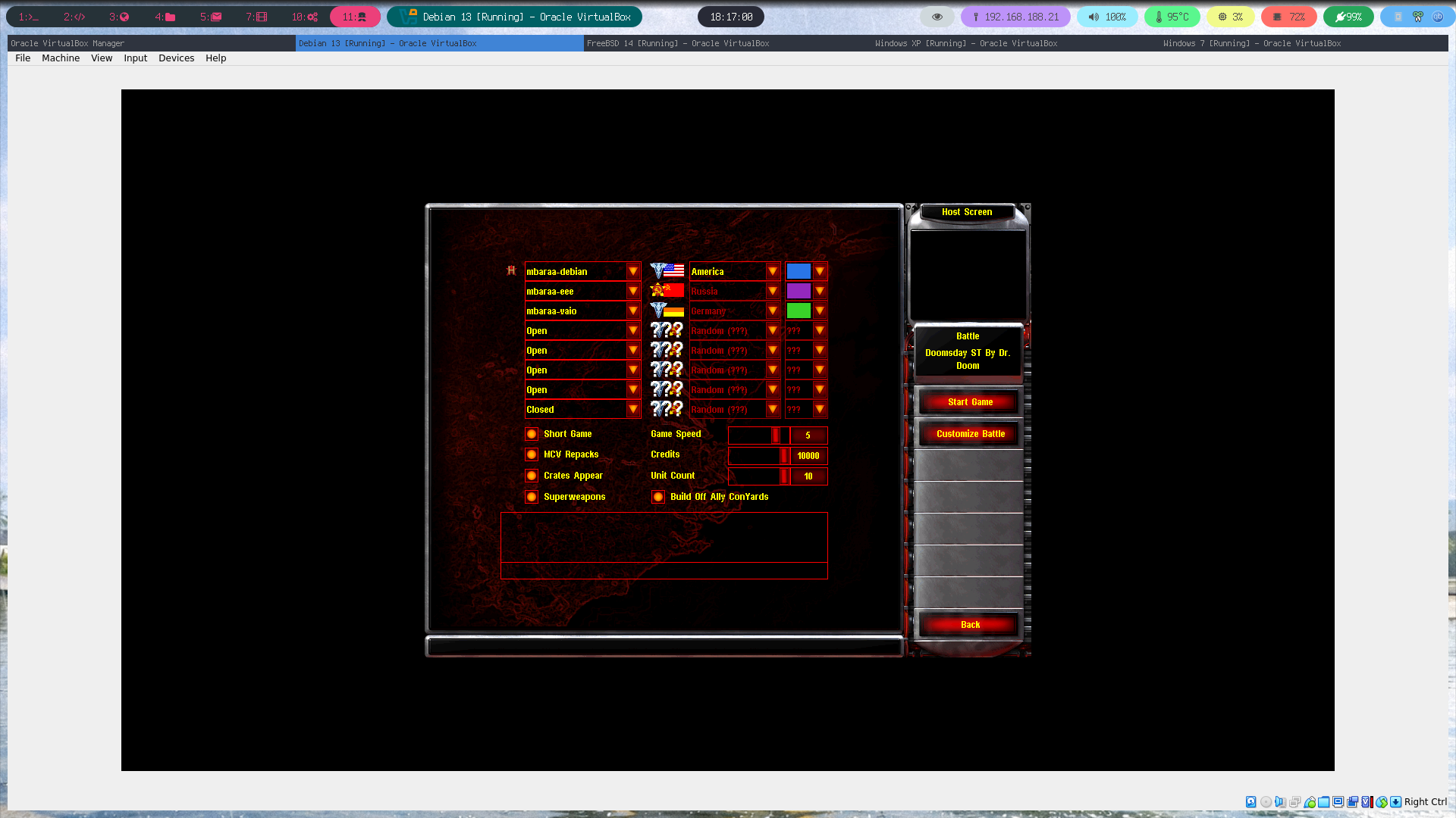 Red Alert 2 network game running on 2 Linux and 1 Windows XP machine